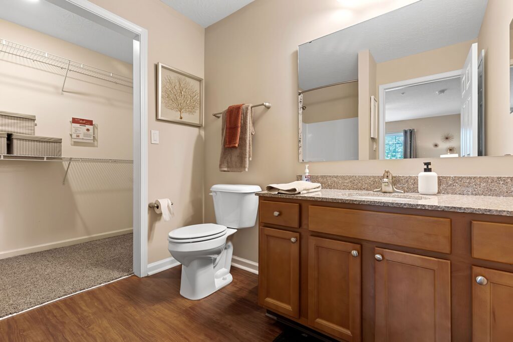 Bathroom with wooden vanity, granite countertop, toilet, towel rack, and large mirror; open door leads to a walk-in closet with wire shelving.
