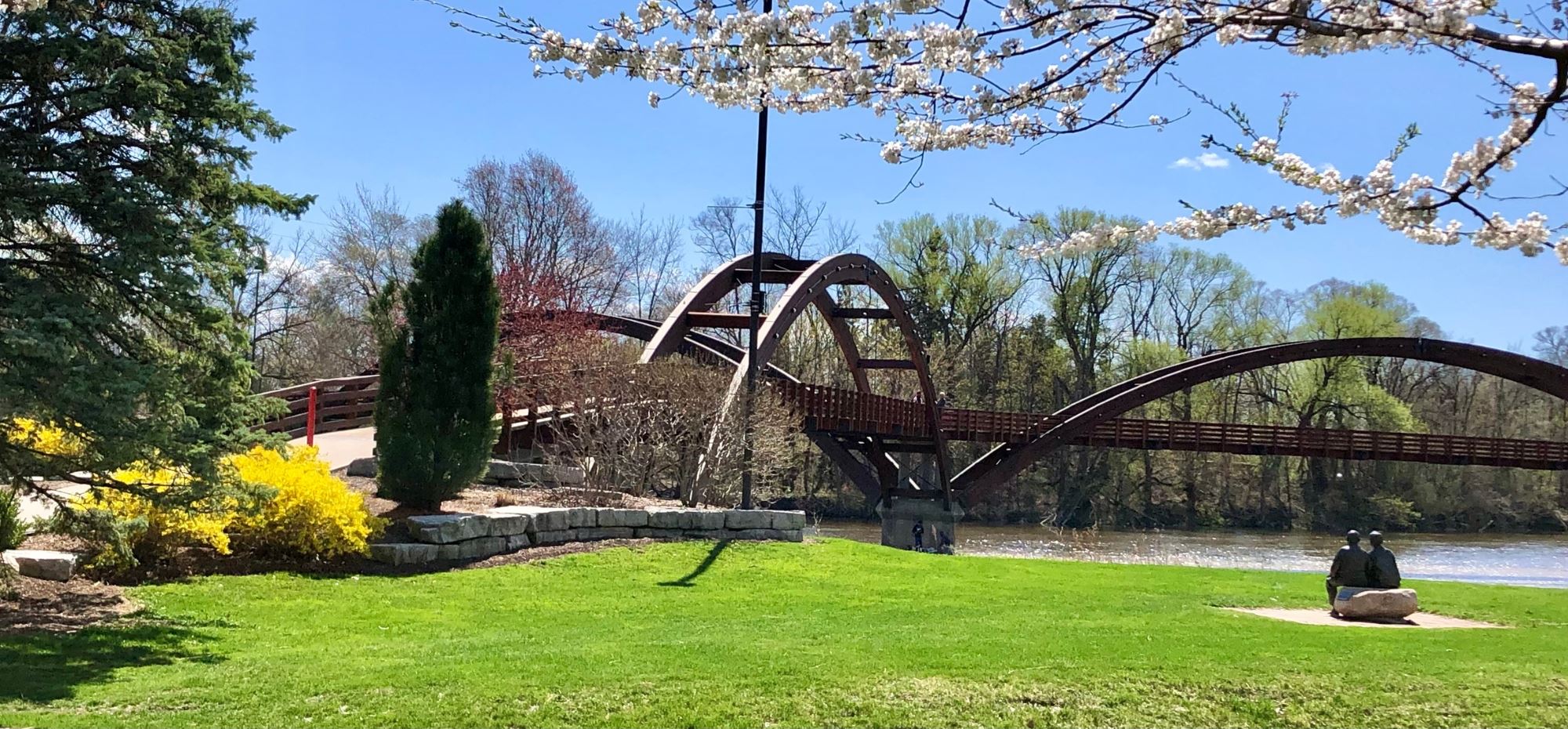 Arched pedestrian bridge over a river in a park, surrounded by lush green grass and blooming trees under a clear blue sky.