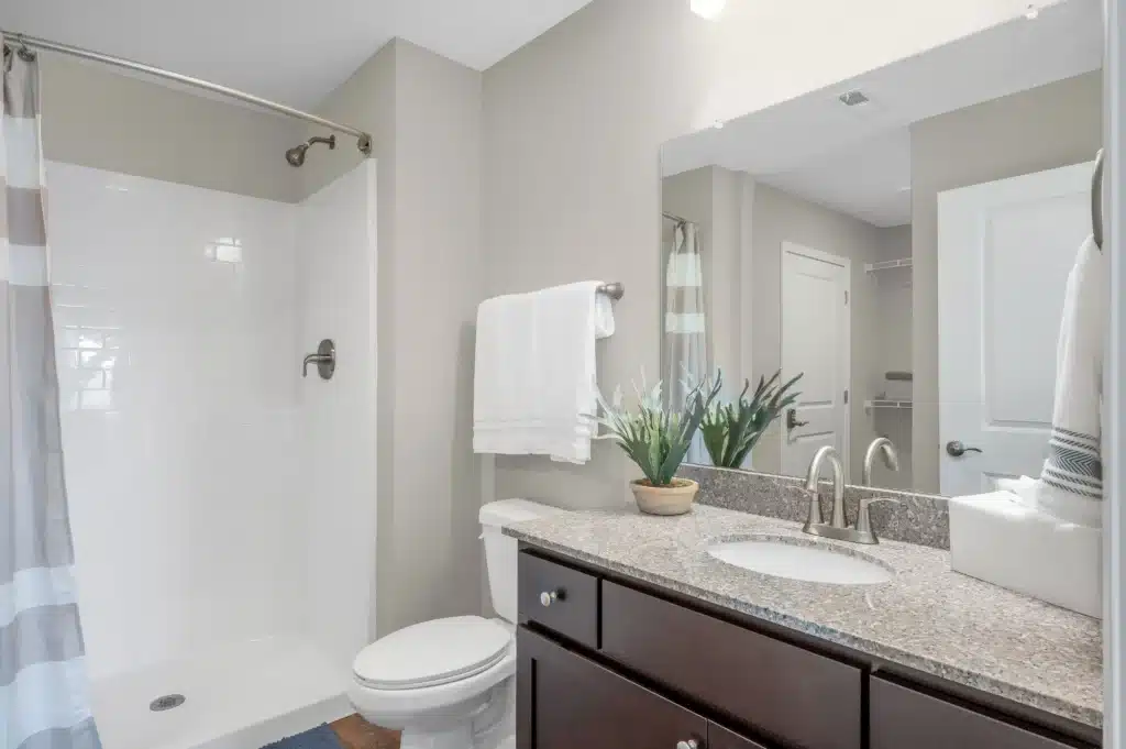 Modern bathroom with a walk-in shower, toilet, dark wood vanity, granite countertop, mirror, towel rack, and potted plant on the counter.