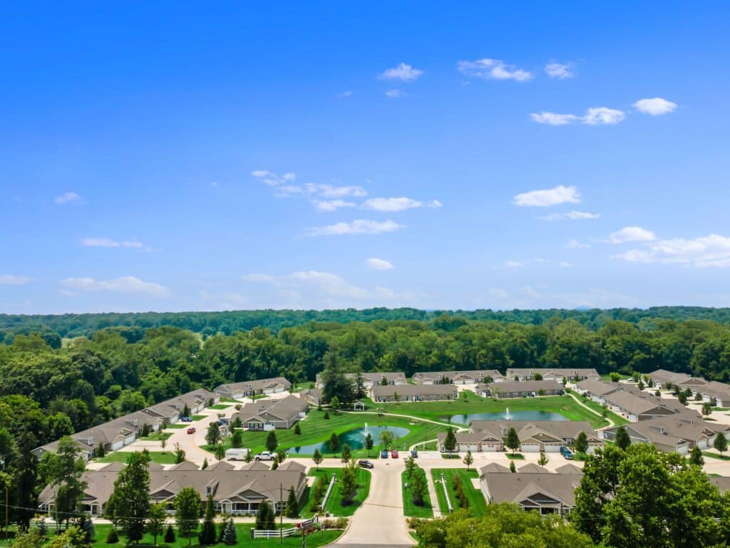 Aerial view of a suburban neighborhood with rows of houses, green lawns, trees, and a wooded area in the background under a clear blue sky.