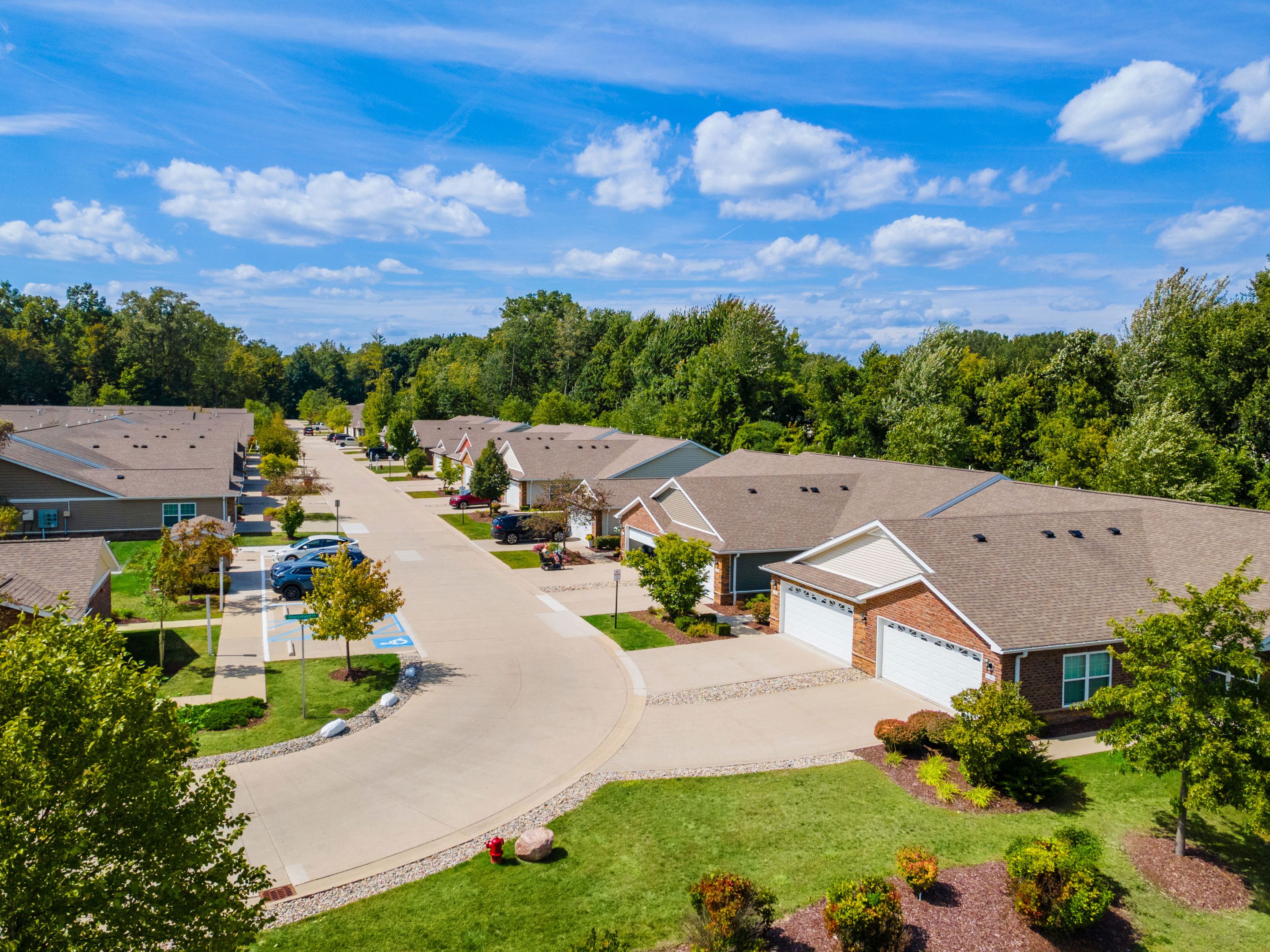 Aerial view of a suburban neighborhood with single-story houses, landscaped lawns, driveways, and trees under a blue sky with scattered clouds.