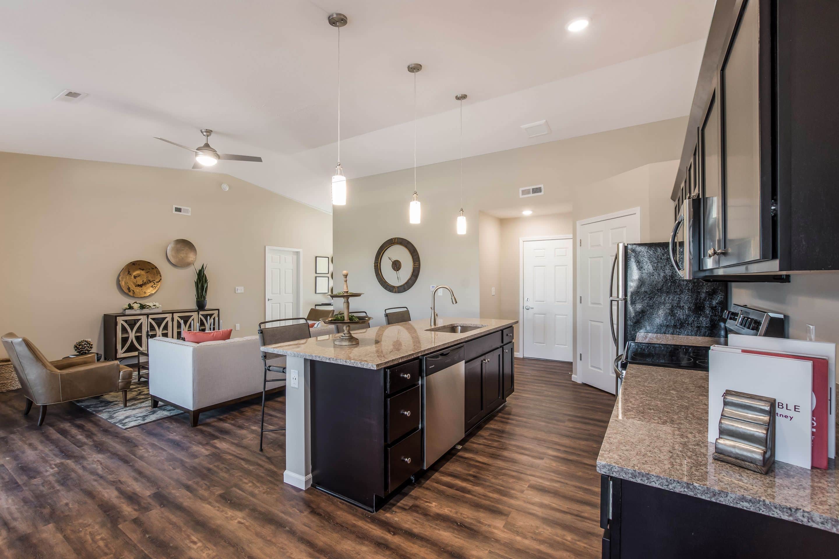 Modern open-concept kitchen and living area with dark cabinets, stainless steel appliances, pendant lighting, and wood-style flooring. Neutral-colored walls and contemporary furnishings.