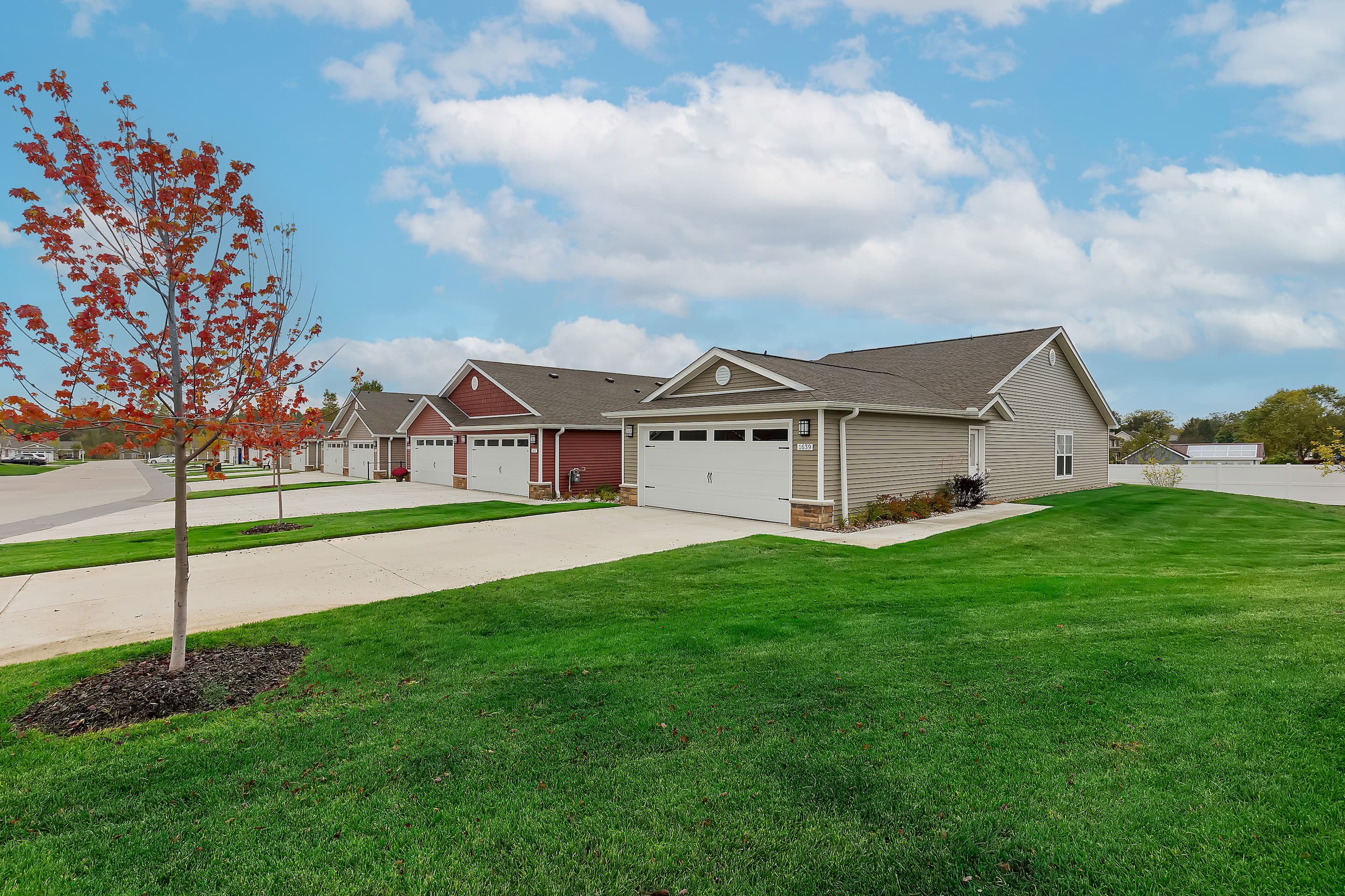 Row of single-story suburban houses with attached garages, green lawns, and a young tree under a partly cloudy sky.