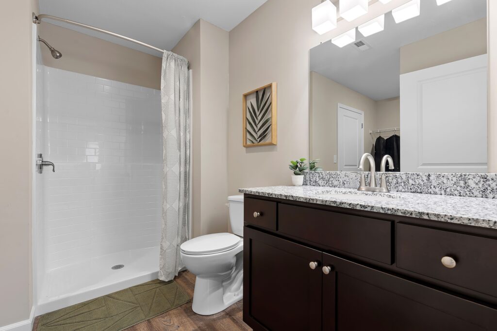 Modern bathroom with a walk-in shower, white toilet, dark wood vanity with granite countertop, mirror, wall art, and overhead lighting.