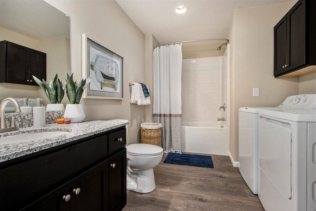 Modern bathroom with a granite countertop, sink, toilet, laundry machines, bathtub with shower, dark cabinets, and a basket; potted plant and framed art decorate the space.