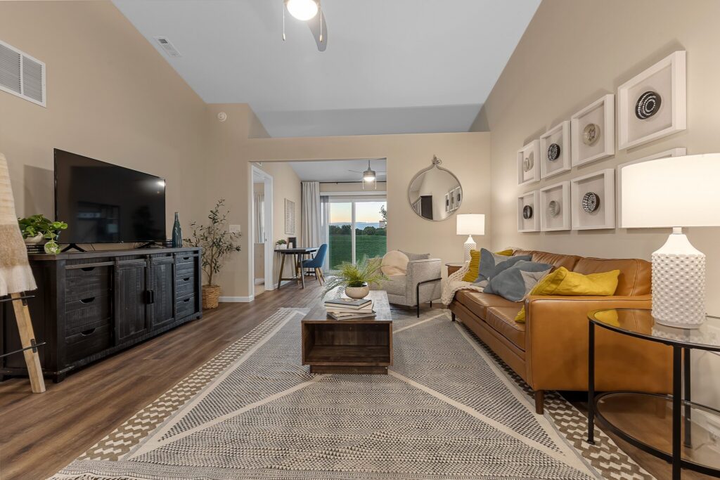 A modern living room with a brown leather sofa, patterned rug, wall art, TV on a dark cabinet, coffee table, armchair, and large window providing natural light.