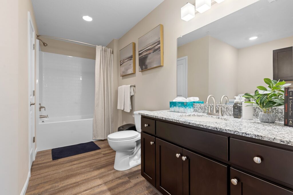 Modern bathroom with a granite countertop, dark wood cabinets, a toilet, a bathtub with a shower curtain, wall art, and decorative items on the counter.