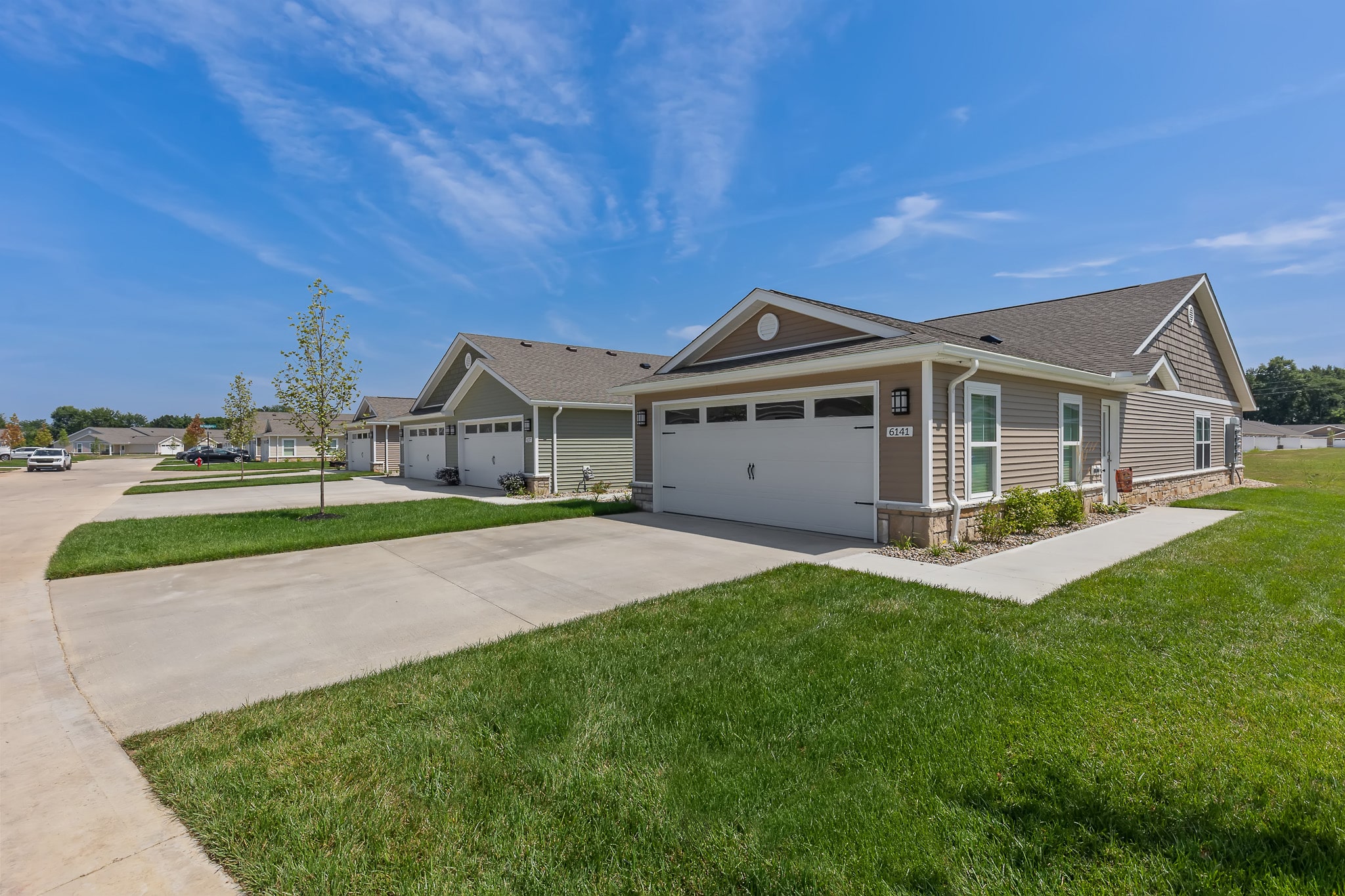 Single-story suburban houses with attached garages, concrete driveways, and well-kept lawns under a bright blue sky.