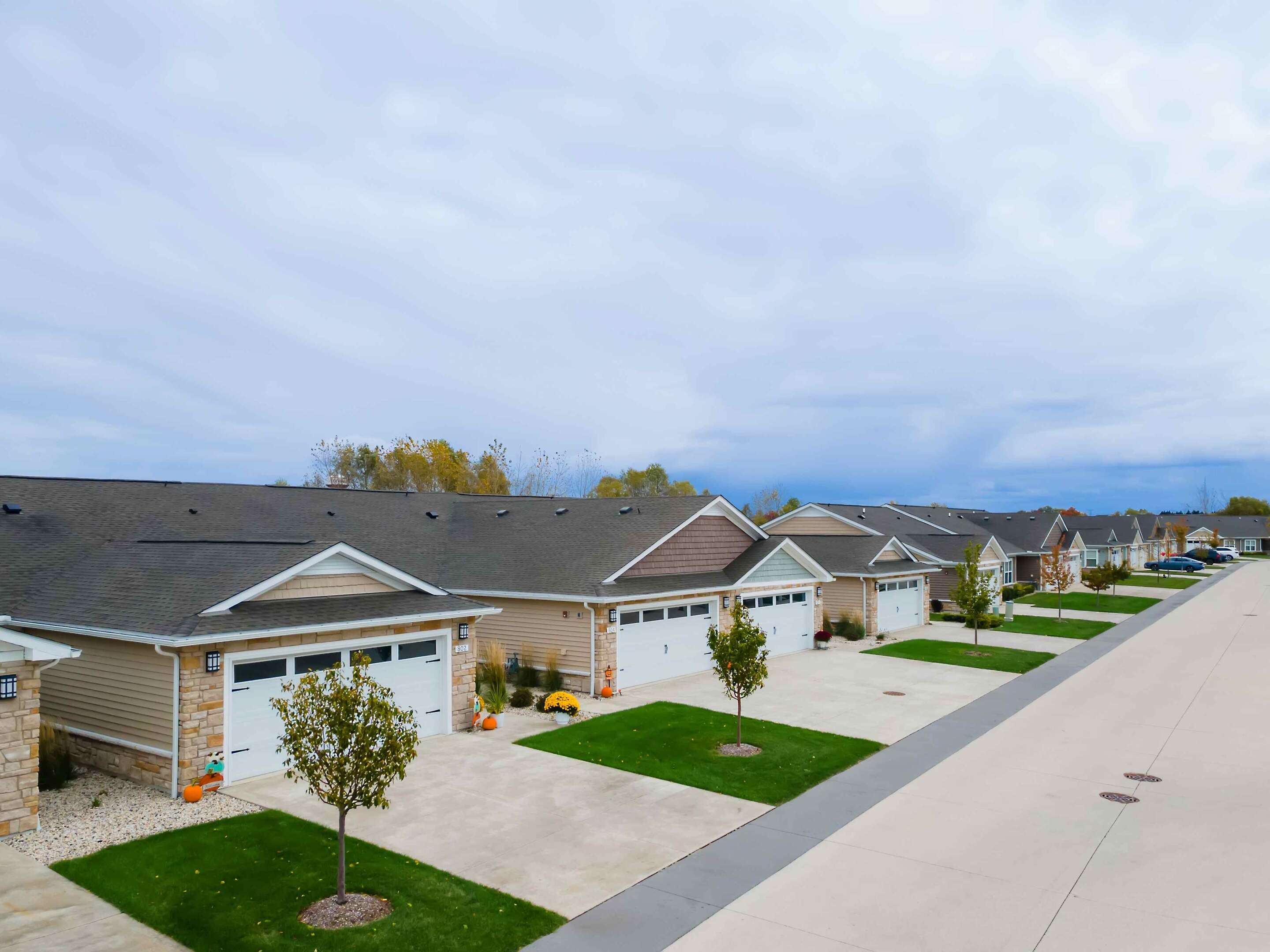 A row of suburban single-story houses with garages, neatly landscaped lawns, and young trees lines a quiet residential street under an overcast sky.