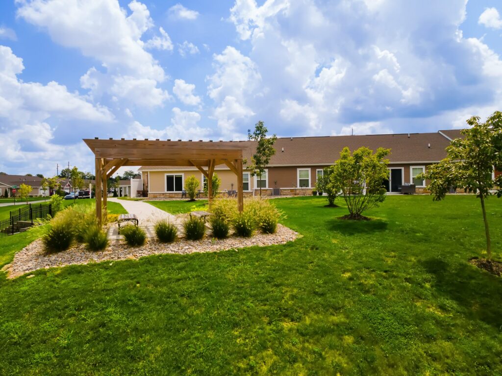 A grassy backyard features a wooden pergola over a stone walkway, surrounded by shrubs and small trees, with a house and blue sky in the background.