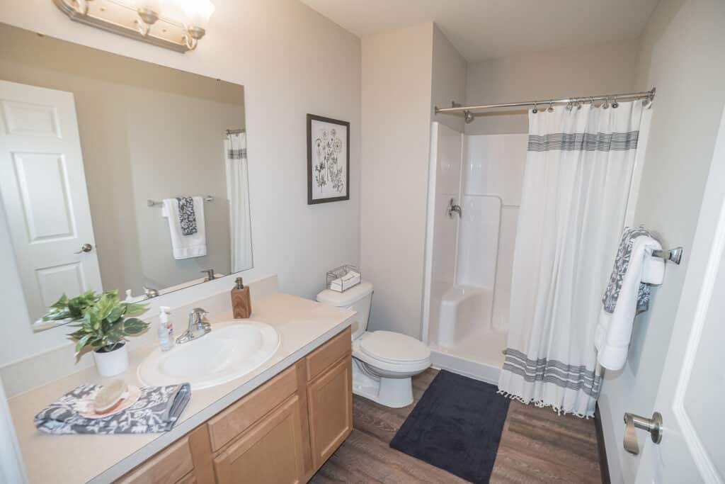 Bathroom with a sink, vanity, and mirror on the left, toilet in the center, and a shower with a striped curtain on the right. Towels and decor items are neatly arranged.