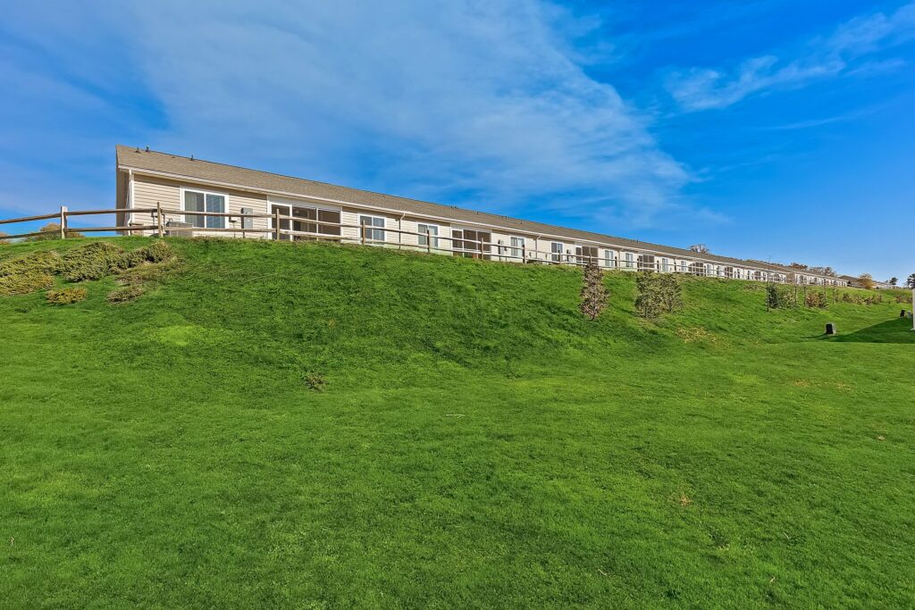 A row of single-story buildings with large windows sits atop a grassy hill under a clear blue sky.
