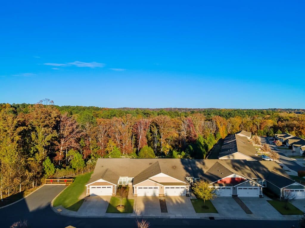 A row of suburban houses with garages faces a street, with a forested area and clear blue sky in the background.