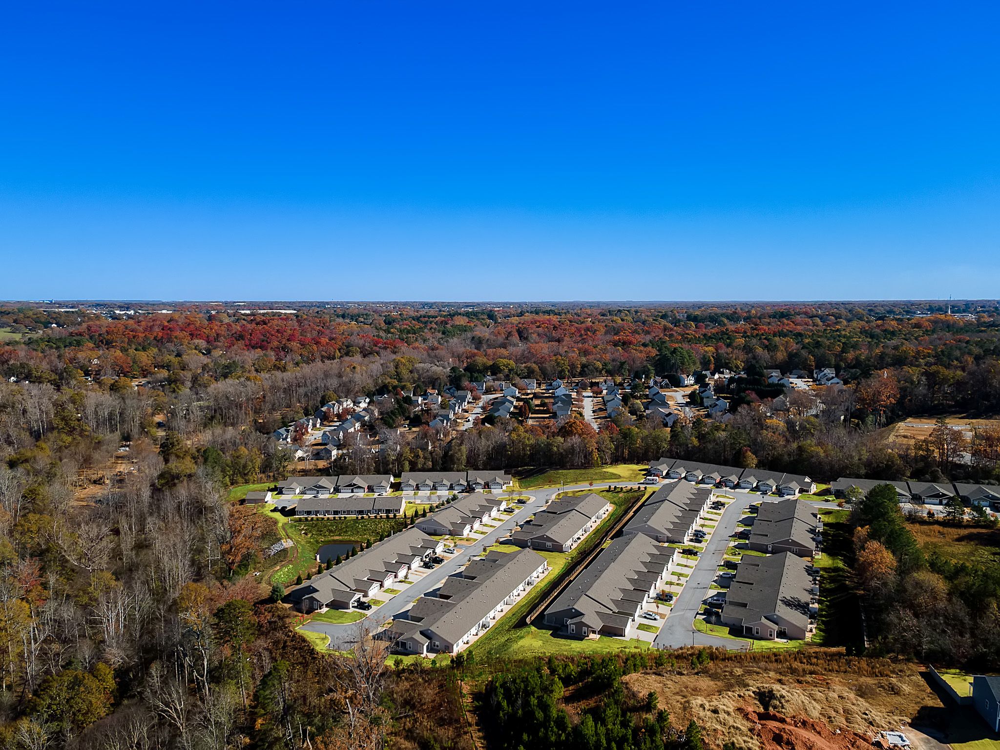 Aerial view of a residential neighborhood with rows of houses surrounded by trees and a clear blue sky.