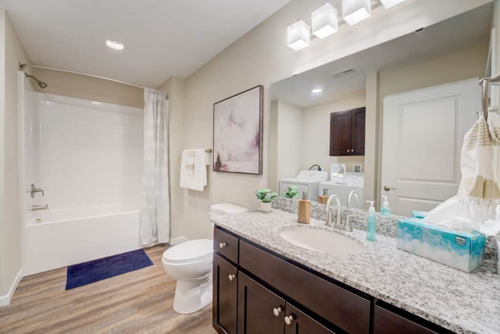 Modern bathroom with a granite countertop, dark cabinets, large mirror, bathtub with shower curtain, toilet, and light wood-style flooring. Various toiletries and decor items are visible.