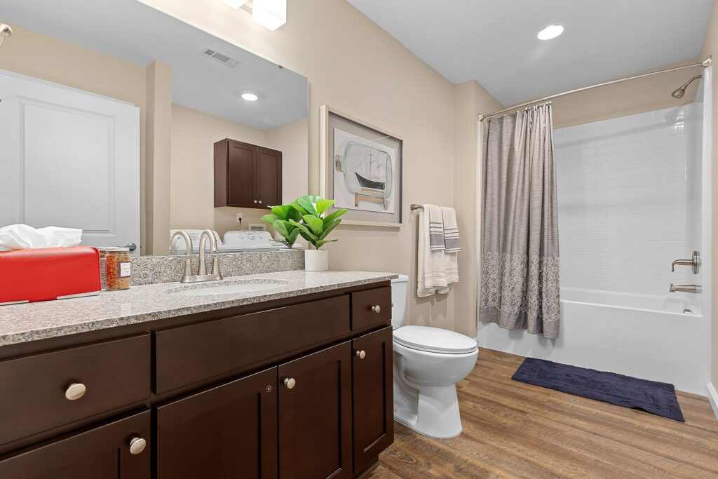 Bathroom with a granite countertop, brown cabinets, toilet, bathtub with a shower curtain, wall art, and towel rack. A plant and tissue box sit on the counter.