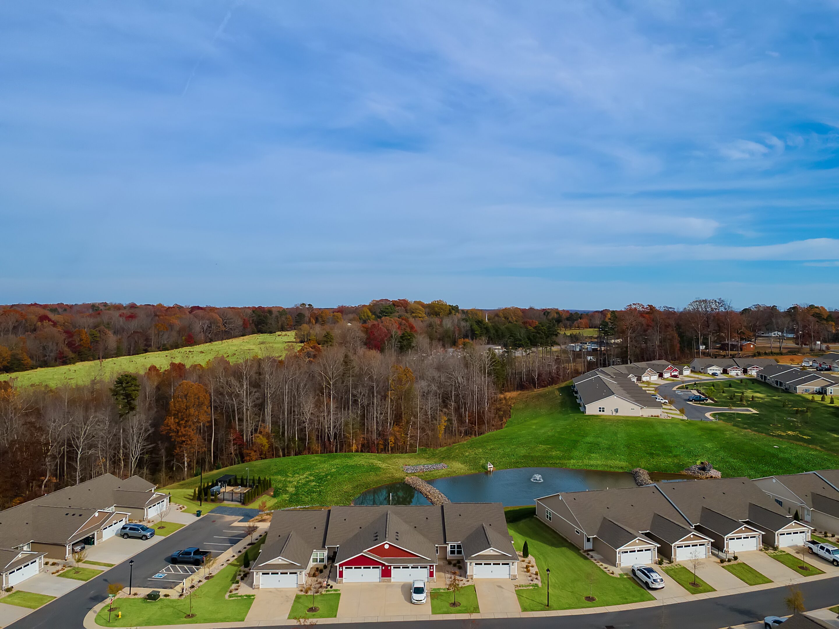 Aerial view of a suburban neighborhood with rows of houses, green lawns, a small pond, and a forested area in the background under a blue sky.