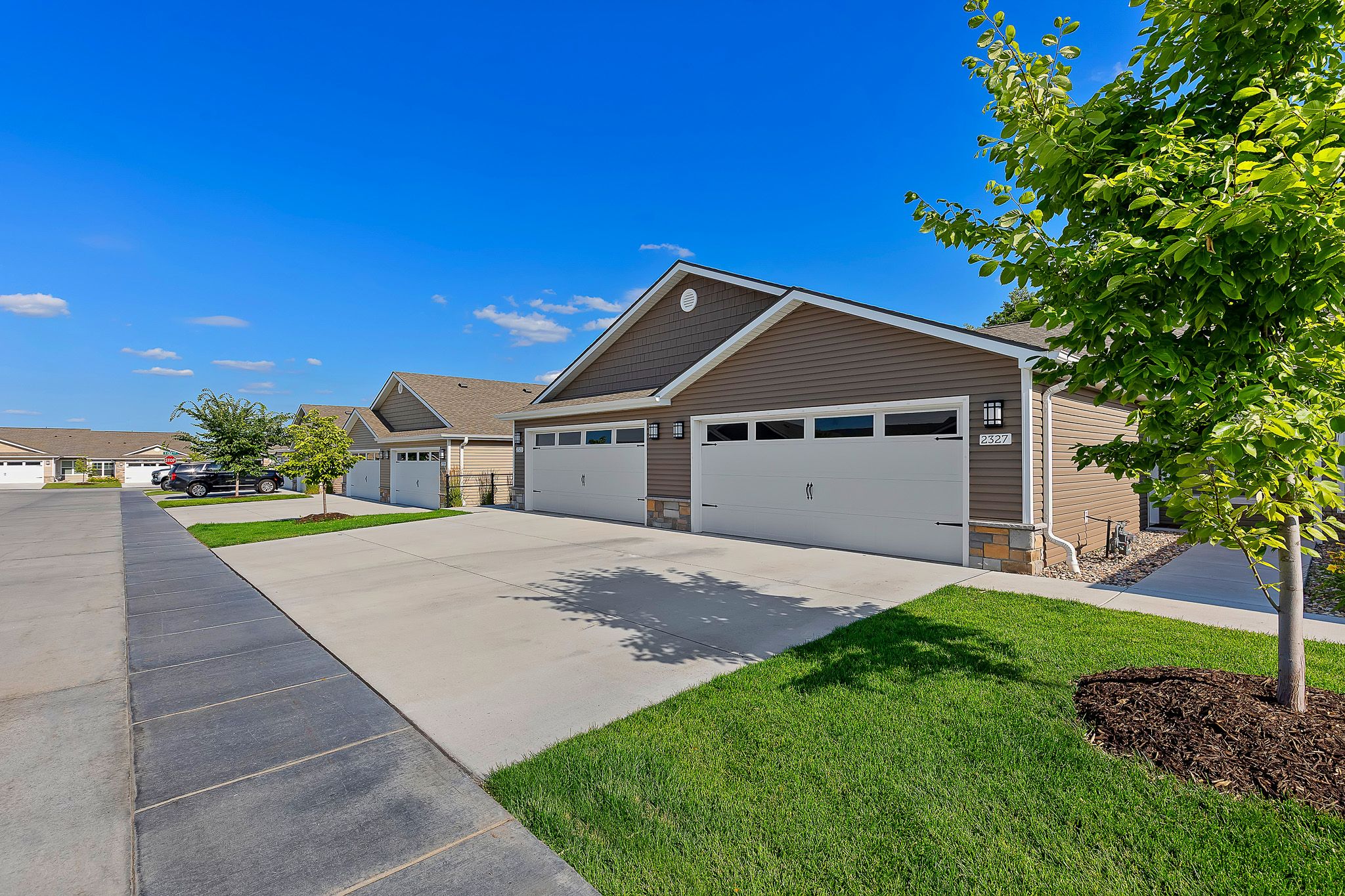 Row of modern suburban houses with attached garages, concrete driveways, green lawns, and young trees under a clear blue sky.