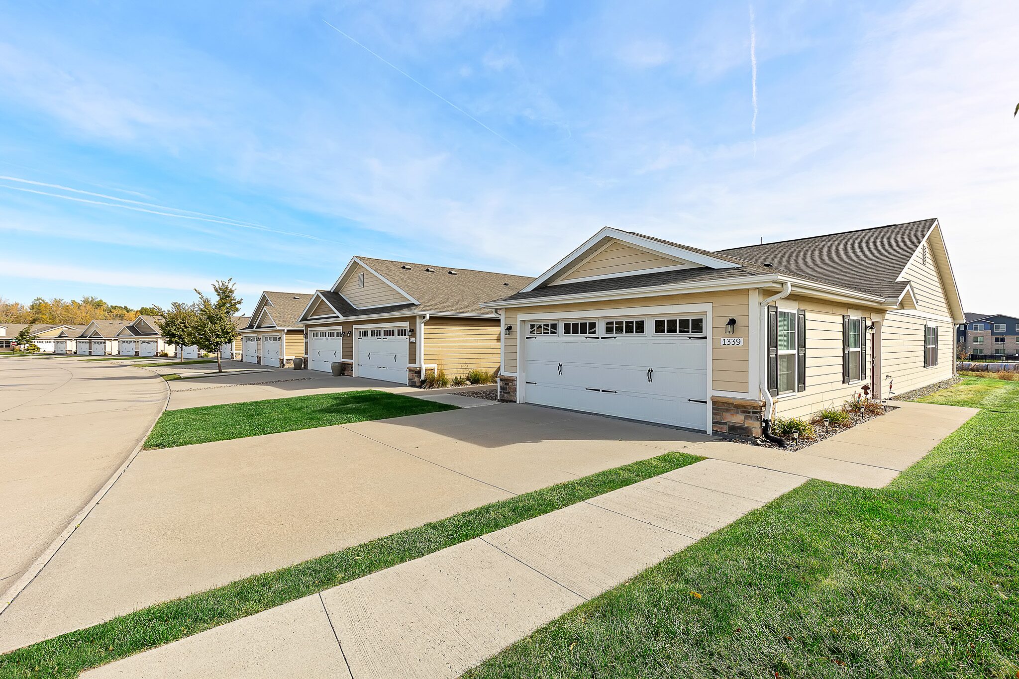 Row of single-story suburban houses with driveways and attached garages on a sunny day. The street and sidewalks are clean and well-maintained.