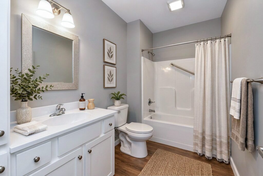 A bathroom with a white vanity, a toilet, and a tub-shower combination with a cream shower curtain.