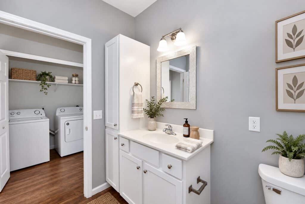A bathroom vanity with a white cabinet, sink, and mirror, adjacent to a laundry room containing a washer and dryer.