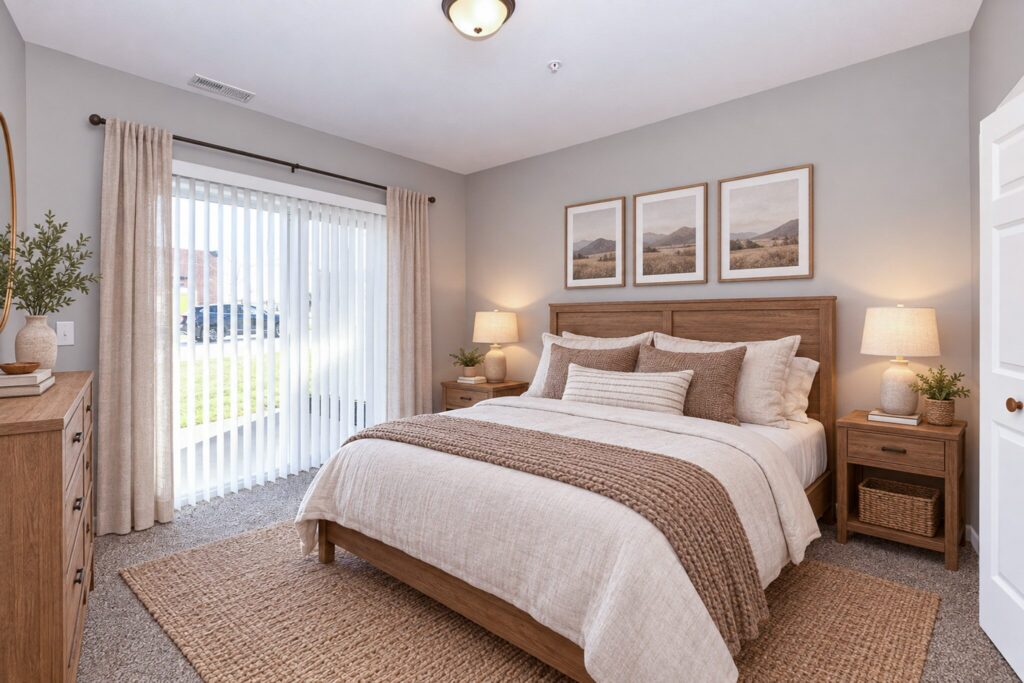 Bedroom with a wooden bed, two nightstands, a dresser, and three framed landscape prints on the wall.