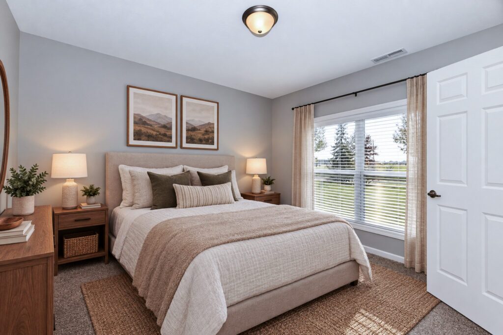 A bedroom with a queen-sized bed, two nightstands with lamps, and a window with curtains.